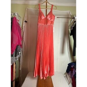 Weinaze Coral Pink Satin Pleated Maxi Dress V-Neck Lace Up Back Formal Gown 6